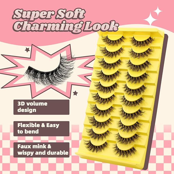 FADVAN Mink Lashes Natural Fluffy False Eyelashes 3D Volume Wispy Lashes Cateye Medium Length fake eyelashes Pestañas Postizas Naturales 10 Pairs-Lz201