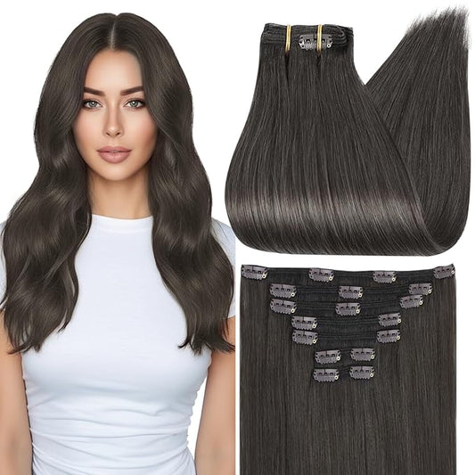 Full Shine Real Hair Extensions Brunette 22 Inch Natural Black Tea Clip ins Real Human Hair Black Women 120 G 7 Pcs