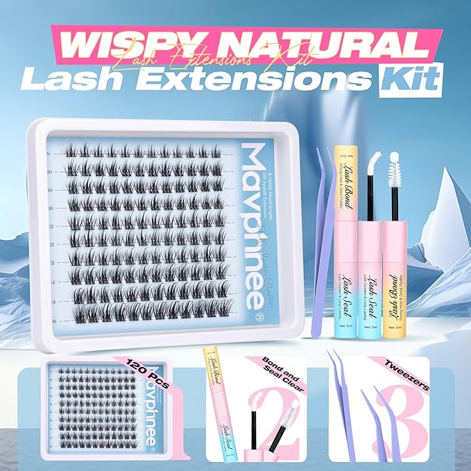 Lash Clusters Kit Wispy Cluster Eyelash Extensions Natural Individual Lashes Extension 8-16MM Short Cluster Lashes C Curl Eyelash Clusters Spikes 120 Pcs Spiky DIY Lash Kit for Everyday Wear