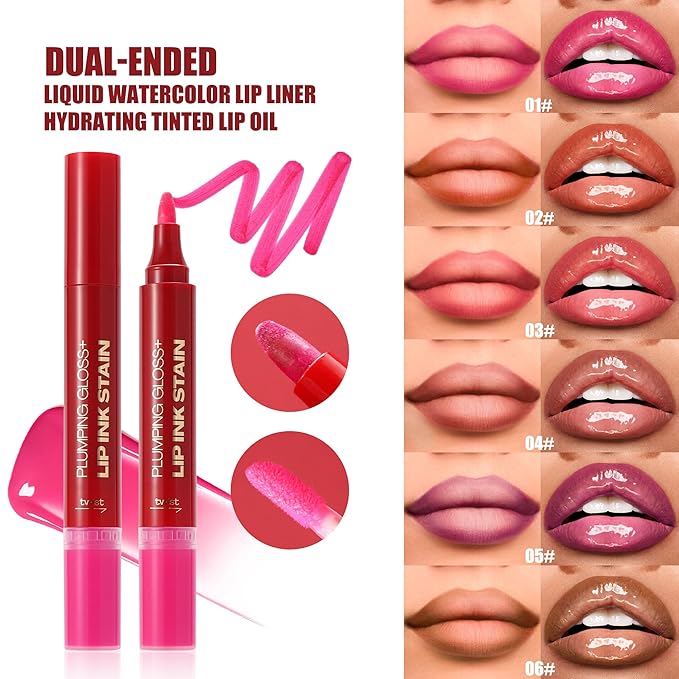 Pink Dual-Ended Liquid Watercolor Lip Liner & Hydrating Tinted Lip Oil, Highly Pigmented Long Lasting Lip marker pen, Smudge Proof Natural Finish, Precise Chisel Tip Marker 01#