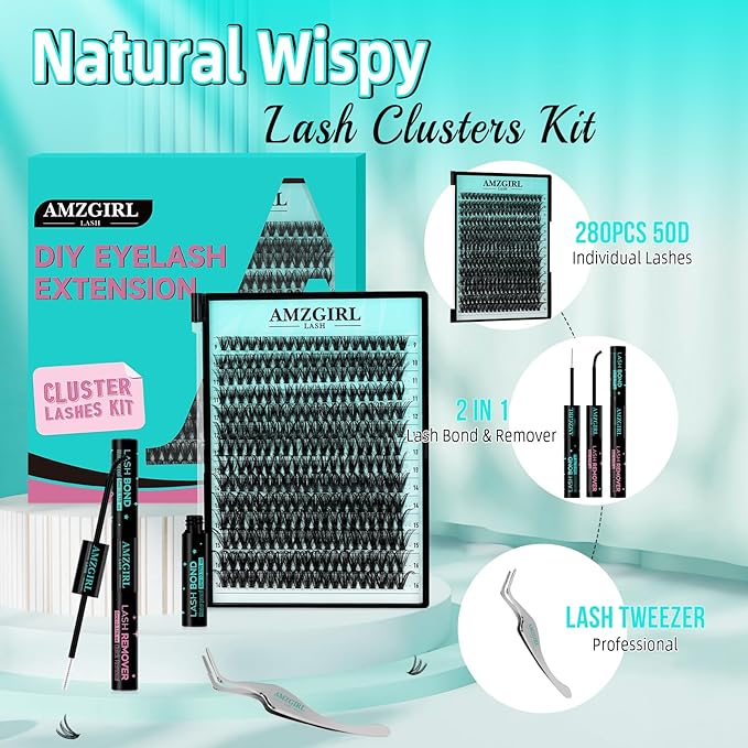 Lash Extension Kit 280PCS Eyelash Clusters 50D DIY Eyelash Extension Kit Individual Lashes Natural Lash Clusters Kit with Lash Bond and Remover, Lash Tweezers(D-Mix9-16mm Kit)