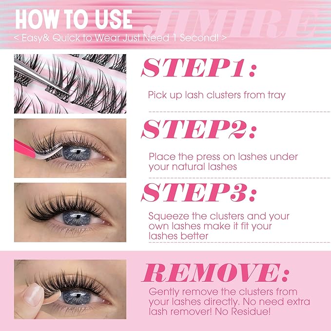 JIMIRE Manga Self Adhesive Eyelashes Natural Look 11-13MM Wispy Pre Glued Lashes Clusters Anime Press on Lash Clusters Reusable Self Adhesive Eyelash Clusters Quick to Wear