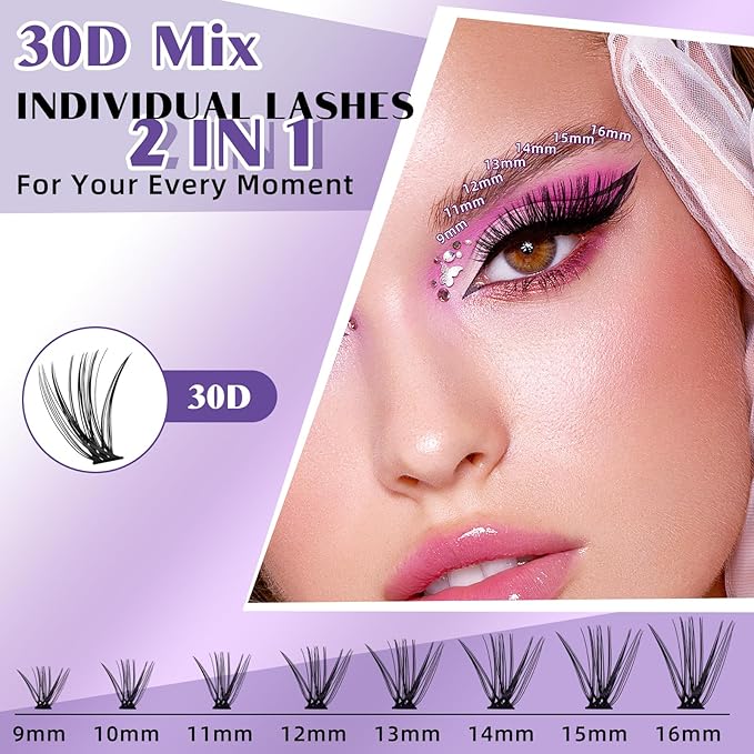 DIY Lash Extension Kit 280pcs Individual Lashes Cluster D Curl Eyelash Extension Kit Lash Clusters with Lash Bond and Seal and Lash Applicator Tool for Self Application (KIT,30D-D-9-16MIX)