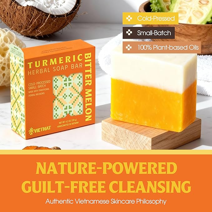 Turmeric & Bitter Melon Soap Bar (Pack of 5) – Cold Process Handmade Soap, 2-in-1 Cleansing & Refreshing Body Bar with Vietnamese Herbs, Plant-Based Formula