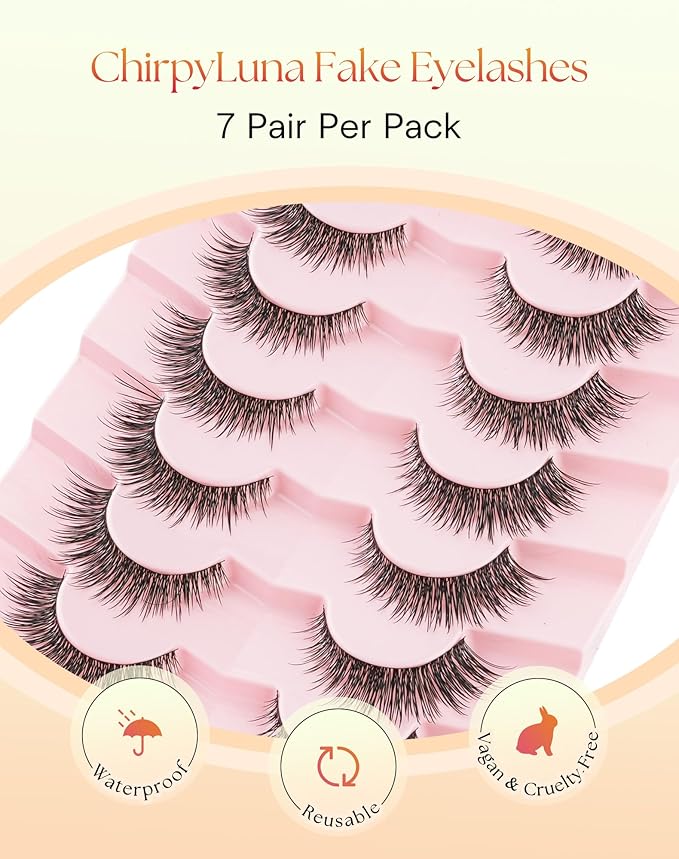 False Eyelashes 14MM Cat Eye Lashes Wispy Fake Eyelashes with 0.03MM Ultra Thin Band Natural Lashes Strips C Curl Eye Lash ChirpyLuna, 7 Pair