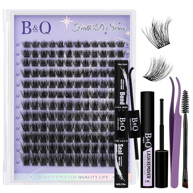 B&Q Lash Clusters Kit 144 pcs 5D Layered Volume Lash Extension Kit 8-18 mm Feathery Soft Lightweight Eyelash Clusters with Waterproof Bond and Seal Eyelash Applicator Remover (Set-Feath5D 08)