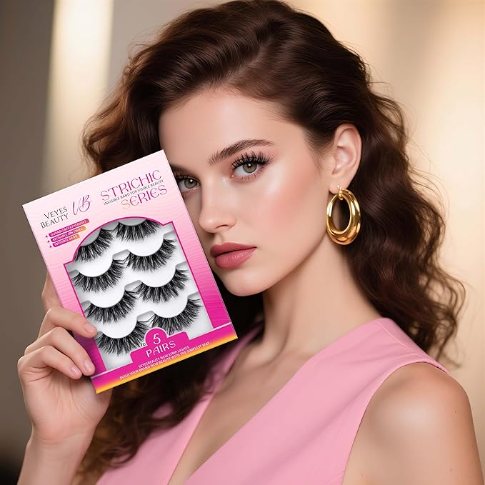 VEYESBEAUTY False Eyelashes Wispy Lashes Lightweight Natural Look Fluffy 3D Layered Volume Faux Mink Thin & Invisible Band Starfall Lashes, Comfortable and Reusable, 5 Pairs