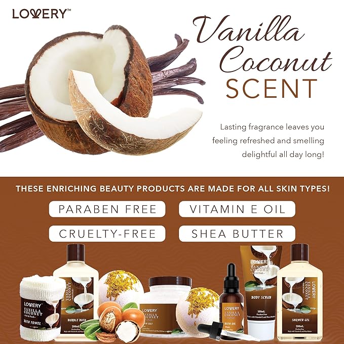 Gifts For Women Gift Basket for Women– 9 Piece Christmas Gifts Set of Vanilla Coconut Home Spa Set, Luxurious Holiday Bath and Body Sets Includes Fragrant Lotions, Extra Large Bath Bombs, Coconut Oil