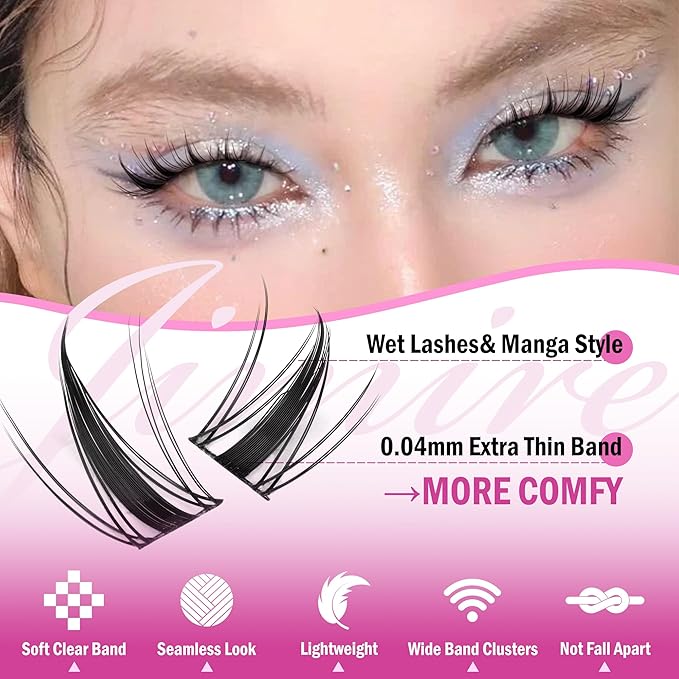 Fairy Lash Clusters Natural Look Manga Eyelash Clusters Wispy D-Curly Cluster Eyelash Extensions 110 Pcs 8-16MM Wispy Individual Lashes Wet-Look Lash Extension with Invisible Lash Band
