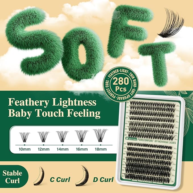 KEYYOU Lash Clusters Kit DIY Lash Extension Kit 280pcs Soft Lash Clusters 60D+80D D Curl Easy to Apply with Bond and Seal Applicator Remover Eyelash Extension Kit at Home(RMkit-60D80D-D-10-18mix)