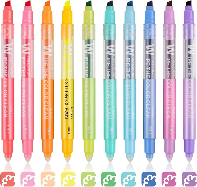 Erasable Highlighters, Dual Tip 10 Pack Highlighters Assorted Colors Erasable, Smooth Writing Book Journaling No Bleeding Highlighter Pens for Bible Journal Planner