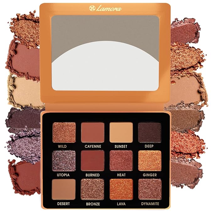 Lamora Nude Bronze Eyeshadow Palette - 12 Warm Brown Highly Pigmented Shimmer & Matte Shades - Travel Size Makeup Palette with Mirror