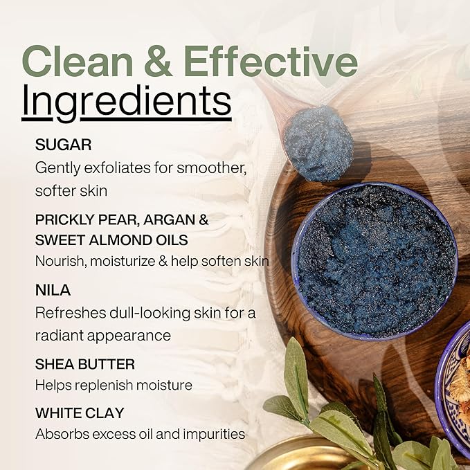 Moroccan Body Scrub Nila Mask with Argan Oil, Sweet Almond, Prickly Pear Seed Oil, Vitamin E Oil, and Shea Butter, Moroccan Body Care (7 oz)