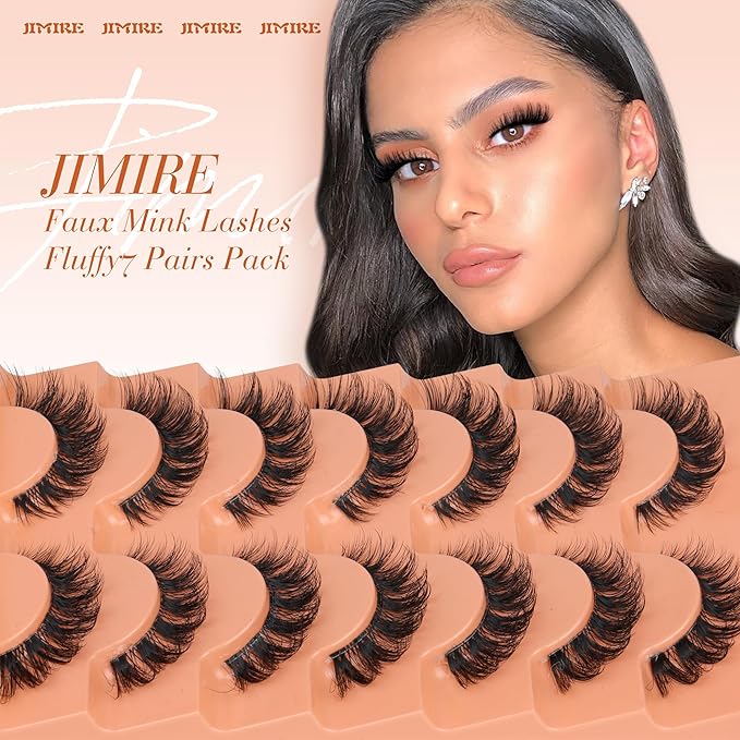 JIMIRE Cat Eye False Eyelashes Volume Mink Lashes Fluffy D Curl Russian Strip Lashes Natural Look 15MM Soft Cat Eye Fake Lashes with Clear Band Lash Extensions 7 Pairs Pack