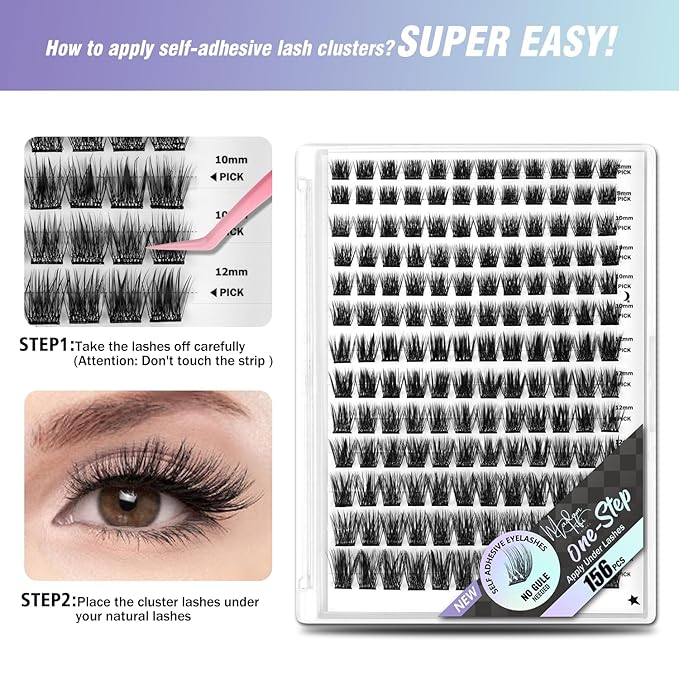156 PCS Self-Adhesive Lash Clusters – No Glue Needed, Dual-Row Sticky Strip Lashes, DIY Individual Lash Extensions, Super Hold False Eyelashes (Volume-Mixed)