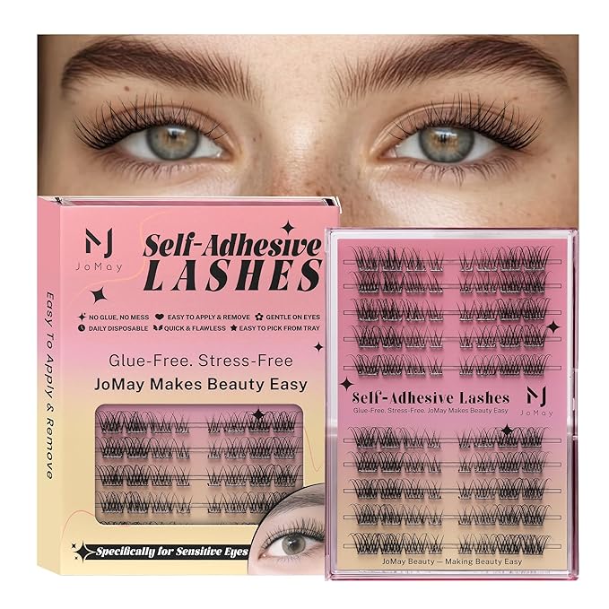 JoMay Self Adhesive Press On Lashes No Glue Needed, Pre-Glued Clusters with Thin Band, Natural Wispy D Curl, Reusable Soft Lashes for Beginners, Pre-Separated L/R 10 Pairs - Wispy Charm Lash Clusters
