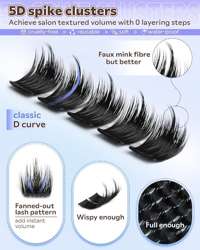 Salon-Like Lash Clusters Kit With Spikes DIY Eyelash Clusters D Curve Spiky Full Cluster Eyelash Extensions Kit Individual Lashes Cluster Kit (10-16mm 130Pcs)