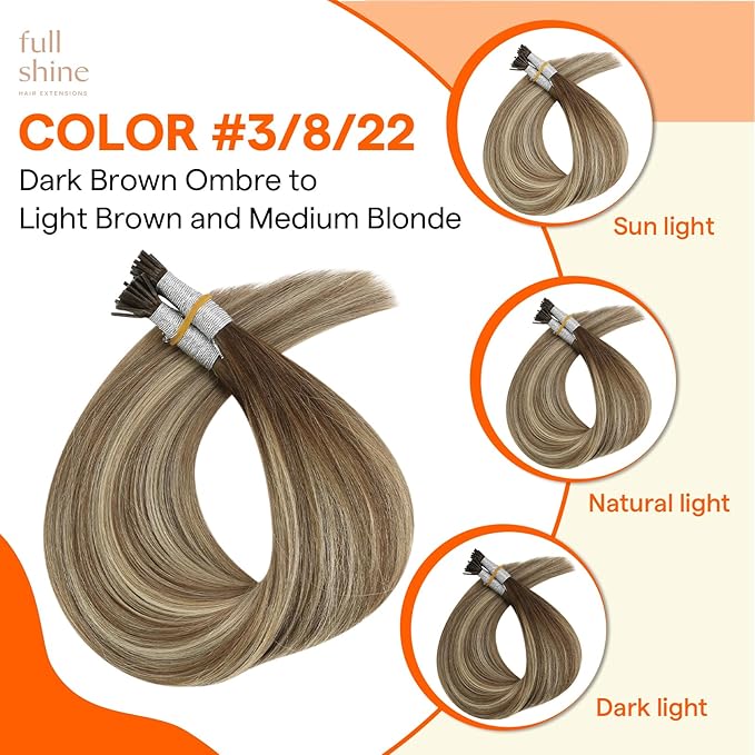 Full Shine I Tip Extensions Remy Hair Color 3 Brown Fading to 8 Ash Brown and 22 Light Blonde Itip Human Hair Extensions 20 Inch Long Extensions add Length 50 Grams