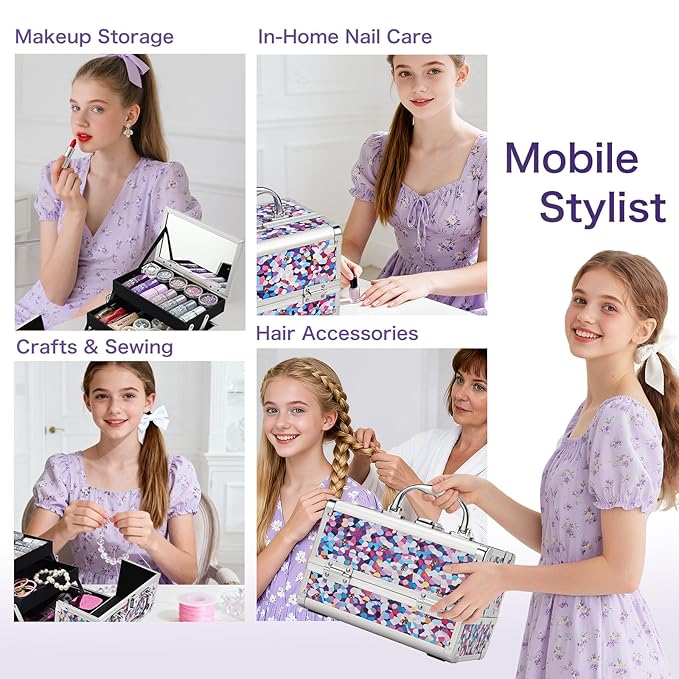 FRENESSA Makeup Train Case Makeup Box Organizer Portable Cosmetic Travel Case Makeup Case with Mirror Locking Make Up Cases Organizers and Storage for Nail Supplies Hard Cosmetic Box Purple