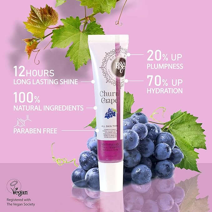 Rosee Lip Gloss Vegan & Cruelty Free Treatment, Professional Make up, Long Lasting Glossy with Shea Butter, Moisturize, Protect & Smooth, High Shine, Non-Sticky (p. Churu Grape, 0.5)