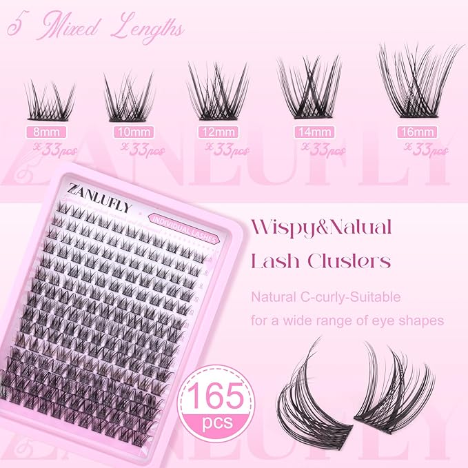 Lash Clusters Wispy Eyelash Clusters Natural C-Curly DIY Lash Extension zanlufly 180Pcs Thin Band Individual Lashes Eyelash Extensions (8-16MM)