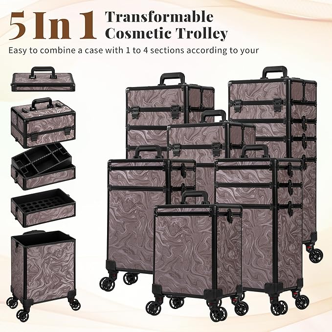 Profesional Rolling Makeup Train Case with Lid, 5 in 1 Cosmetology Case on Wheels, Large Cosmetic Trolley Organizer Travel for Hairstylist Artist Nail Beauty Salon Barber, Brown Ink