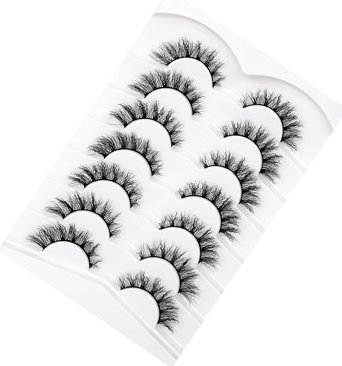 Pooplunch False Eyelashes Pre-Permed Curl Cat Eye Look Wispy Volume Natural Fake Eyelash 8D Faux Mink Strip Lashes 7 Pairs Pack