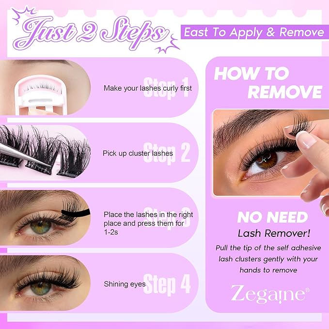 Zegaine Self Adhesive Eyelashes Natural Self Adhesive Lash Clusters Wispy Pre Glued Eyelash Clusters Clear Band C-Curly Pestañas Postizas Naturales Wispy Glueless Lashes No Glue Needed 10-14MM