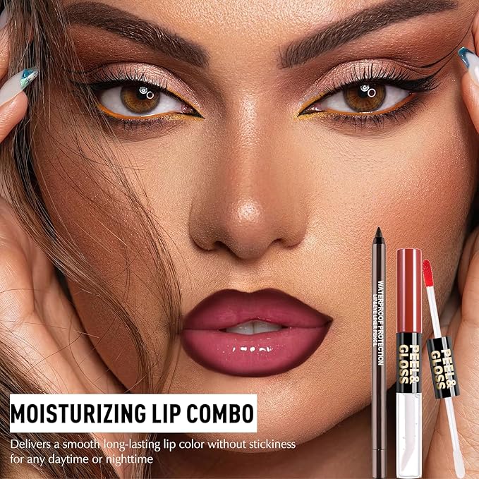 Peel Off Lip Stain & Brown Lip Liner, 2-in-1 Matte Lip Tint Stain Peel Off With Moisturizing Lip Gloss Long Lasting Lip Combo Highly Pigmented Color Lip Liner Pencil Non-Stick Cup Easily Apply