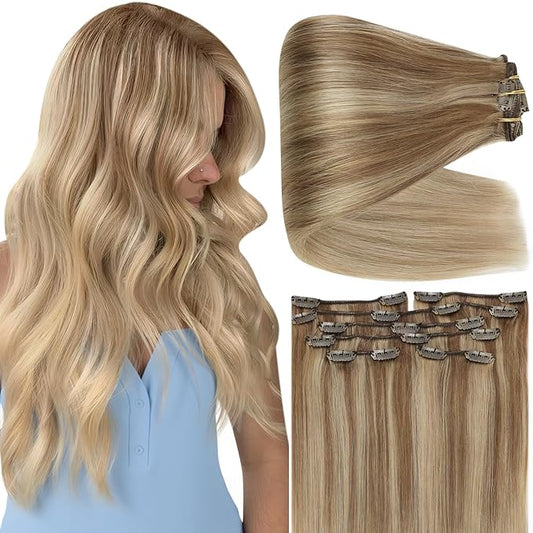 Full Shine Blonde Balayage Hair Extensions Real Human Hair Clip ins 16 Inch Golden Blonde Highlight Dirty Blonde Clip in Real Hair Extensions 7 Pcs 135 G