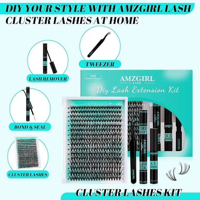 Lash Extension Kit 320Pcs,DIY Individual Lashes Clusters Kit,Lash Bond And Seal,Lash Remover For Eyelashes Extensions,Lash Applicator Tool For False Eyelash Cluster Kit At Home(30D,D-Mix9-16mm Kit)