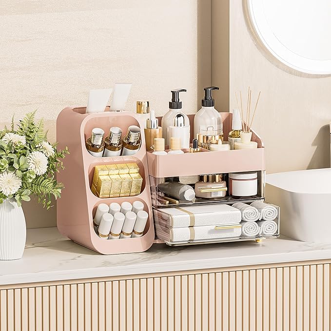 Delamu Large Makeup Organizer with Drawers, Spacious Cosmetic Display Caddy with Makeup Brush Holder, Bathroom Countertop Organizer for Vanity, Dorm, Desk, Pink