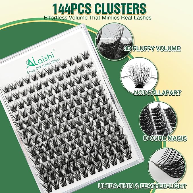 Lash Clusters Kit, DIY 3D Cluster Eyelash Extensions 10‑18mm,144pcs Fluffy D Curl Soft Natural Lashes with Bond and Seal,Remover,Tweezers–Fake Cat Eye Wispy Individual Clusters MIX1-3-L