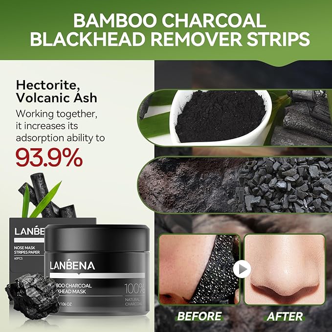 LANBENA Blackhead Remover, Bamboo Charcoal Blackhead Mask Deep Cleansing Peel off Mask & 60Pcs Nose StripsBlack Heads Remover from Face