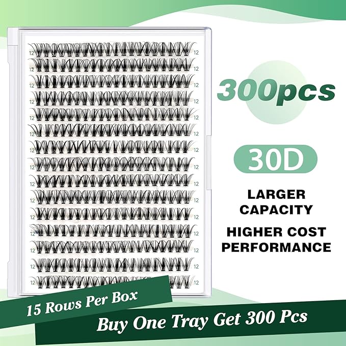 Lash Clusters 300pcs Eyelash Clusters 30D 0.07D Curl 12mm DIY Eyelash Extension KEYYOU Large Tray Volume Soft&Natural Individual Lashes(30D-0.07D,12）