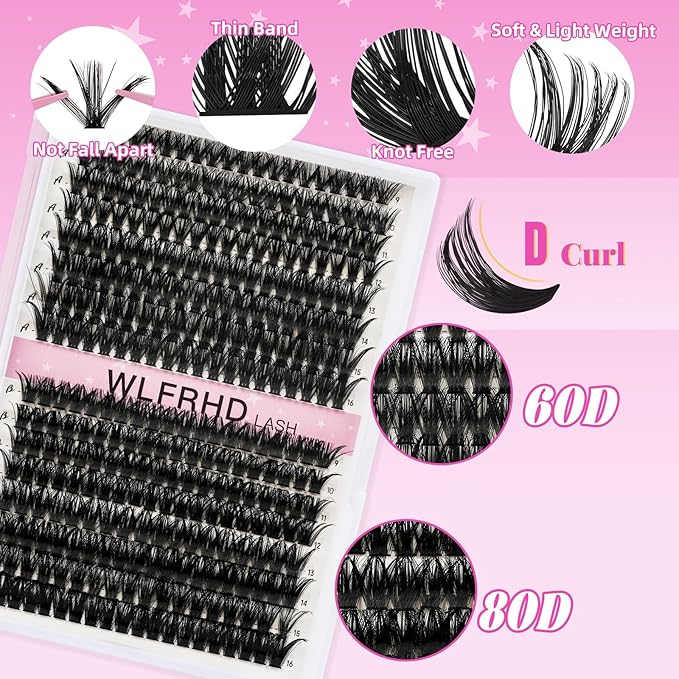 Lash Clusters Kit 320 Pcs DIY Individual Cluster Lashes D Curl Lash Extension Kit with Eyelash Bond and Seal, Remover, Tweezers Applicator Tool for False Eyelash Cluster Kit(60D+80D, Mix9-16mm Kit)