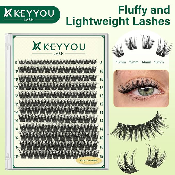 KEYYOULASH Lash ClustersThick Volume Eyelash Clusters D Curl 144pcs Manga Eyelash Clusters Thin Band Lashes Clusters for Beginner DIY Cluster Eyelash Extensions at Home(KY04-8-18MIX)