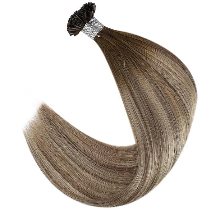 Full Shine U Tip Hair Extensions Human Hair Color 3 Medium Brown Ombre to 8 Ash Brown and 22 Honey Blonde 16 Inch 50 Grams K Tip Hair Extensions ReaL Human Hair for Women add Volume