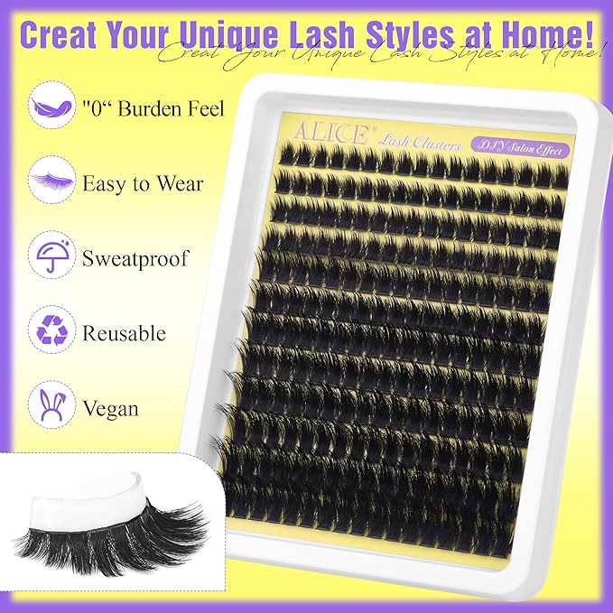 ALICE Fluffier Volume Lash Clusters Kit - Wispy Eyelash Clusters Kit 204pcs Thick 100D Spiky Russian D-Curly Anime Eyelash Extension Kit - Individual Lashes Kit with Lash Glue for DIY at Home