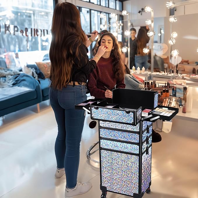 BYOOTIQUE Rolling Makeup Cart on Wheels False Eyelash Storage Nail Tech Carrying Organizer Box for Nail Artist Beauty Studio Barbershop Hairstylist,Mermaid Silver