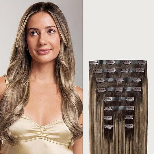 Luxy 100% Remy Human Hair - Seamless Clip-In Hair Extensions - Multi-Dimensional Color for Natural Blending, Adds Volume & Length 240 grams 24" Dimensional Rooted Light Bronde