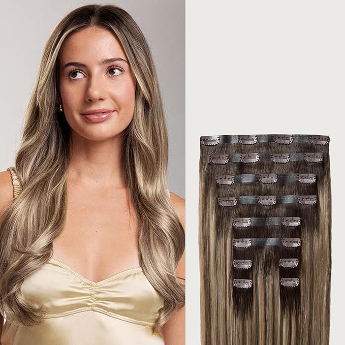 Luxy 100% Remy Human Hair - Seamless Clip-In Hair Extensions - Multi-Dimensional Color for Natural Blending, Adds Volume & Length 180 grams 20" Dimensional Rooted Light Bronde