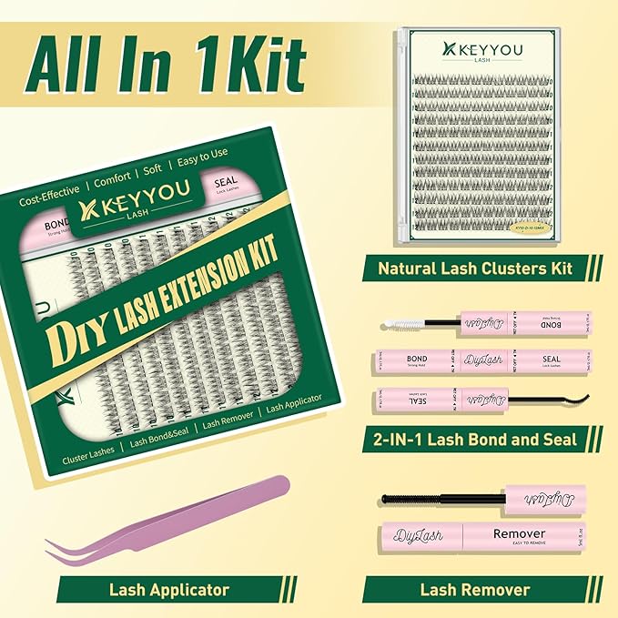 KEYYOULASH Lash Clusters Kit 144pcs 10-12MIX Lash Extension Kit Natural&Wispy Lash Clusters with Bond and Seal,Remover,Applicators for DIY Eyelash Clusters at Home (KY10 Kit)