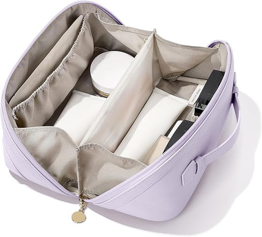 mibasies Flat Lay Open Travel Makeup Bag, Dual-Zipper Diagonal Cosmetic Bag, Large Capacity Waterproof Toiletry Bag for Women
