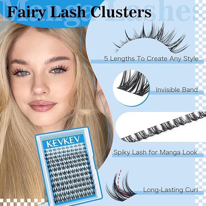 KEVKEV Fairy Lash Clusters Kit Manga Lash Extension Kit Invisible Band Spiky Lash Clusters Eyelash Clusters Kit with Lash Bond and Seal Lash Tweezers(Fairy Kit-8-18mix)
