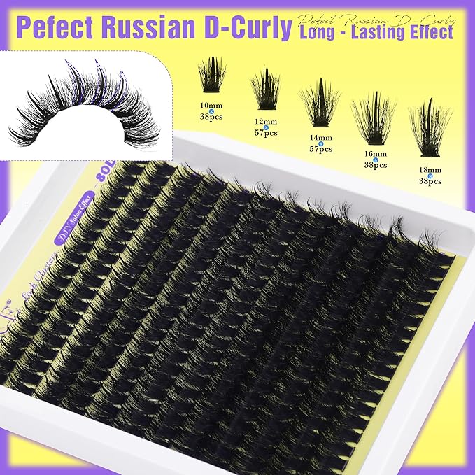 ALICE Thick Lash Clusters Kit - Wispy Volume Eyelash Clusters Kit 228pcs 80D Spiky Russian D-Curly Anime Eyelash Extension Kit - Individual Lashes Kit with Lash Glue for DIY at Home