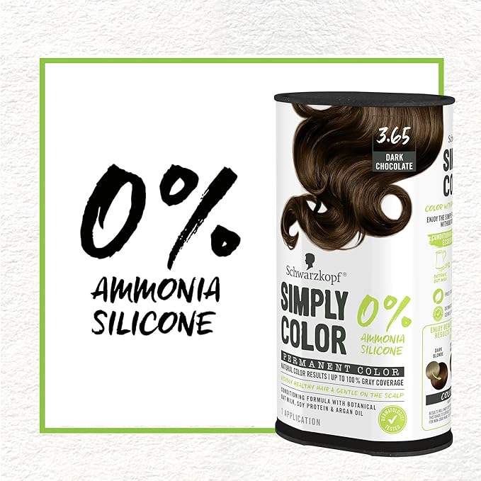 Schwarzkopf Simply Color Permanent Hair Dye, 3.65 Dark Chocolate, Long-Lasting with Nourishing Ingredients, No Ammonia or Silicone, All Hair Types