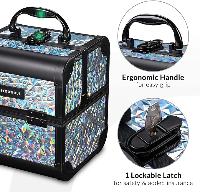 BYOOTIQUE Professional Makeup Train Case with Mirror 2-Tier Trays Nail Box Organizer Case Jewelry Storage box for Nail Tech Beauty Salon Barbershop Traveling,Mermaid Silver