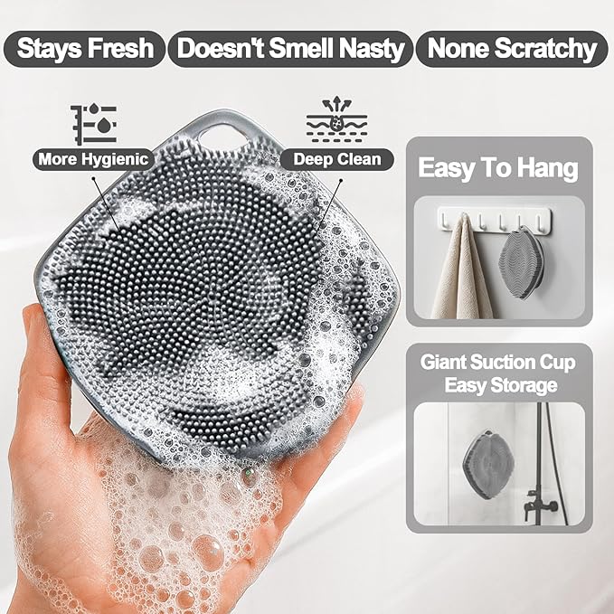 Silicone Body Scrubber, Gentle Texture Exfoliating Body Scrubber for Men and Women On Sensitive Skin, Soft Scrubber Produces Rich Form and Builds Up Lather, Getting a Deep Skin Clean (Gray)