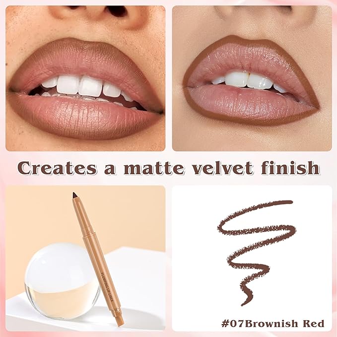 Matte Lip Liner, Plump Lipliner Pencil Crayon，Creamy Matte Finish with Silicone Smudger For Women, High-Pigment Smooth Formula for Sculpting &Contours Lip，Longwear，Lips Makeup，07#Brownish Red